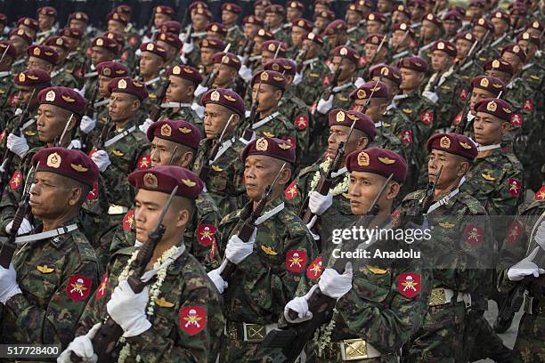 Soldiers attend a military parade as Myanmar marks the 71st Armed Forces Day in Nay Pyi Taw, on March 27, 2016 in commemoration of the beginning of...