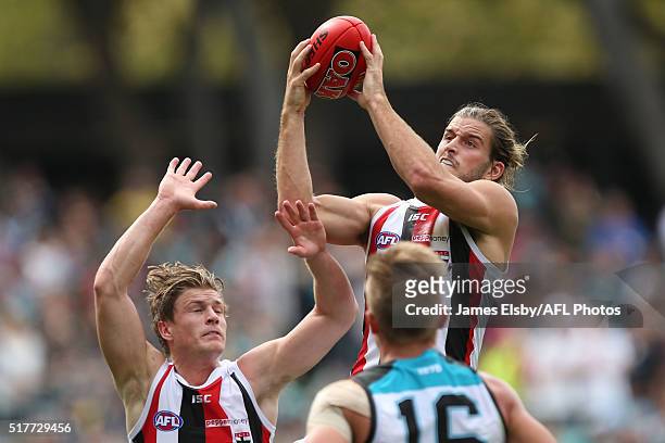 Josh Bruce of the Saints marks during the 2016 AFL Round 01 match between Port Adelaide Power and the St Kilda Saints at the Adelaide Oval, Adelaide...