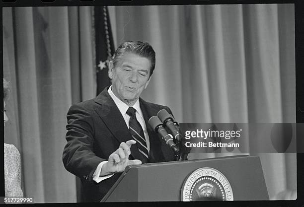 Los Angeles: Pres. Ronald Reagan gestures as he describes his recent tax and budget cuts during a speech before a group of Republican supporters at...