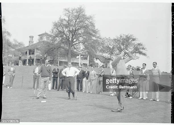 Preparing for Masters Golf Tournament. Augusta, Georgia: Horton Smith drives the ball for good distance during a practice round on the Augusta, Ga....