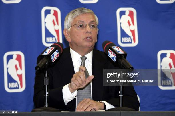 Commissioner David Stern speaks at a press conference about the outcome of the incident on November 19 in Detroit before the Cleveland Cavaliers...