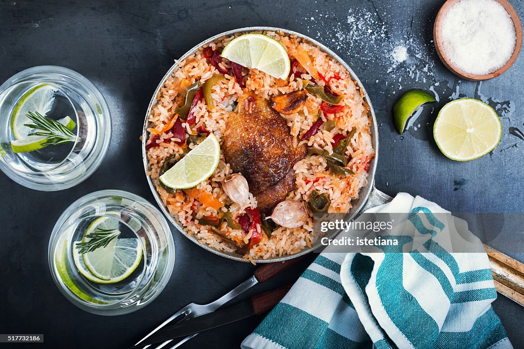 Chicken, rice, and vegetables skillet, one pot meals, top view
