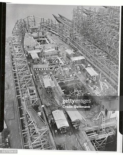 Five days in construction, and five days to go, before the Joseph N. Teal 500 ton Liberty Ship hits the water at the Henry J. Kaiser Oregon ship...