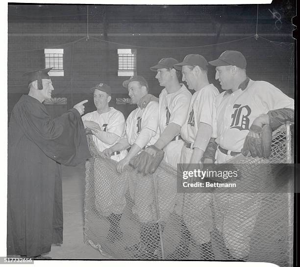 Squad of 19 players reported for the Boston Braves first practice session in spacious Choate School cage today and immediately went through batting...