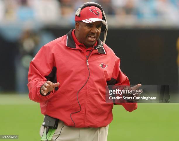 Head Coach Dennis Green of the Arizona Cardinals directs his team against the Carolina Panthers at Bank of America Stadium on November 21, 2004 in...