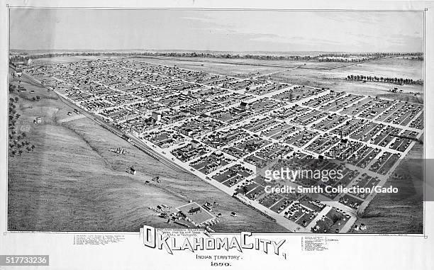 Lithograph depicting an aerial view of a city, captioned "Oklahoma City, Indian Territory", Oklahoma City, Oklahoma, 1890. From the New York Public...