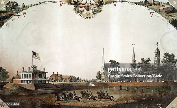 Chromolithograph depicting a group of men riding horses, government buildings, houses and church in the background, titled "View of public square,...