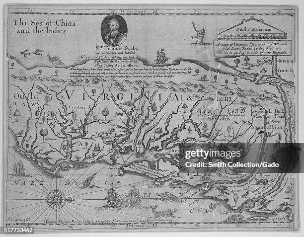 Engraved map of Virginia, depicting the Chesapeake Bay, the Atlantic Ocean, and a portrait of Sir Francis Drake in an insert at the top, map by the...