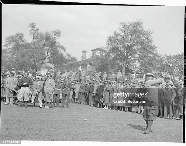 Masters' Golf Tourney Opens. A general view as Gene Sarazen of Brookfield Center, Conn., drove off from the first tee in the opening round of the...