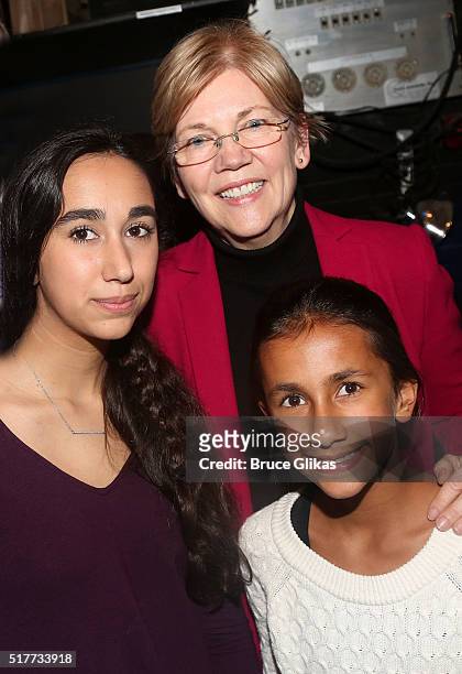 United States Senator from Massachusetts Elizabeth Warren with grandchildren Octavia Tyagi and Lavinia Tyagi pose backstage at the hit musical...