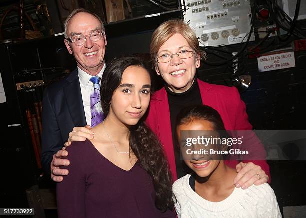 Bruce Mann, wife United States Senator from Massachusetts Elizabeth Warren with grandchildren Octavia Tyagi and Lavinia Tyagi pose backstage at the...