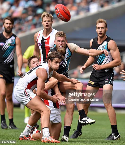 Jackson Trengove of the Power kicks the ball during the round one AFL match between the Port Adelaide Power and the St Kilda Saints at Adelaide Oval...