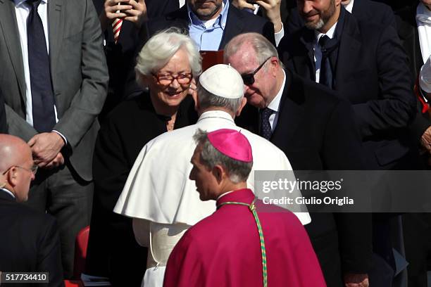 Pope Francis greets Queen Paola of Belgium and King Albert II of Belgium as they attend the Easter Mass on March 27, 2016 in Vatican City, Vatican....