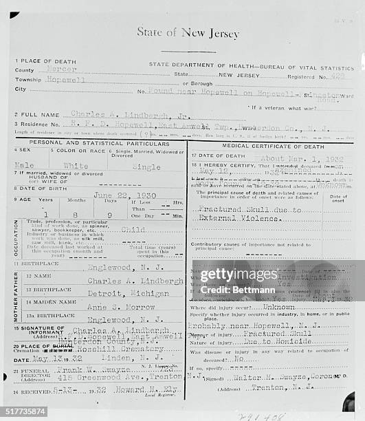 Copy of the death certificate issued after the body of the kidnapped Lindbergh baby had been indentified, which was introduced as evidence by the...