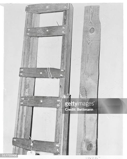 Evidence at Hauptmann Trial. The ladder used by the kidnaper when the Lindbergh Baby was taken from his home at Hopewell, N.J., and a piece of wood...