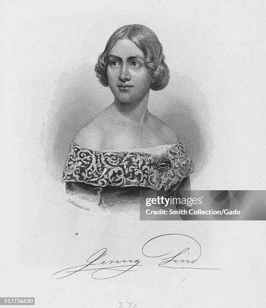 An engraving from a portrait of Jenny Lind, she was a Swedish opera singer who was nicknamed 'The Swedish Nightingale', she was particularly popular...