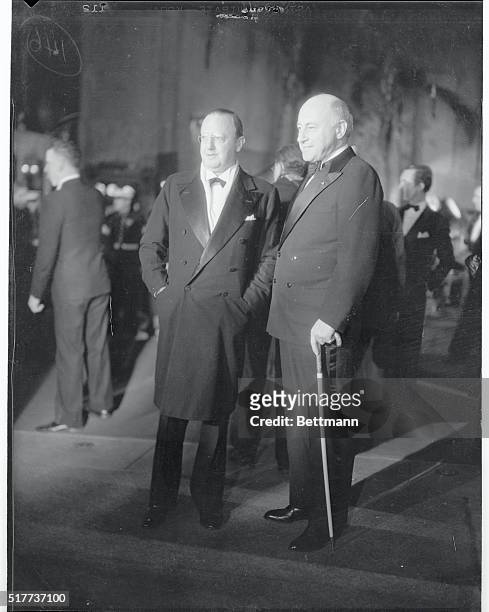 Mr. Jesse Lasky, left, and Mr. Cecil B. Demille, two of the pioneers and present Czars of the film world as they appeared together at the premier of...