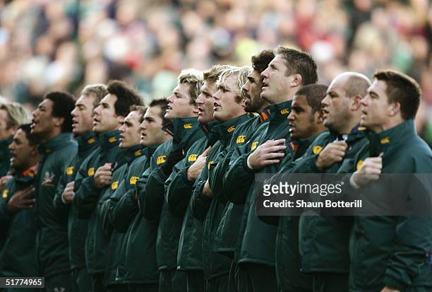The South African players sing their National Anthem prior to the Rugby Union International between Ireland and South Africa at Lansdowne Road on...