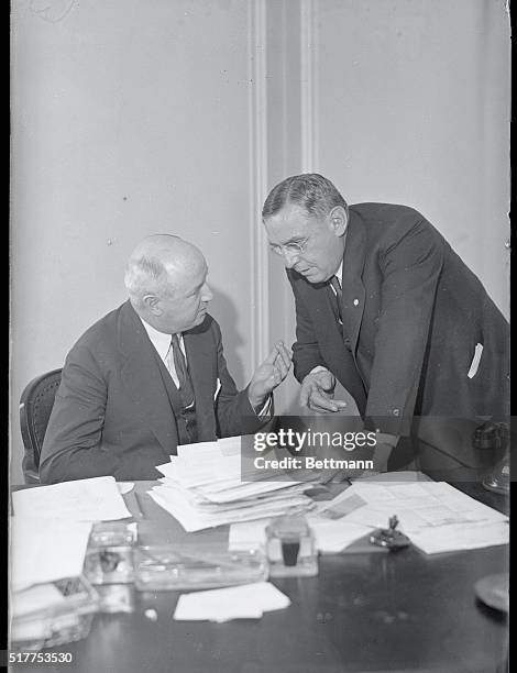 Mayor Anton Cermak, right, and James A. Farley, Roosevelt campaign manager, talk things over after Chicago's city executive arrived in New York and...