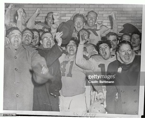Jubilation reigns in the dressing room of the Cleveland Rams here, after the pro gridders defeated the Washington Redskins to win their first World...