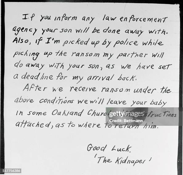 This is a photo of the ransom note sent to the parents of five day ...