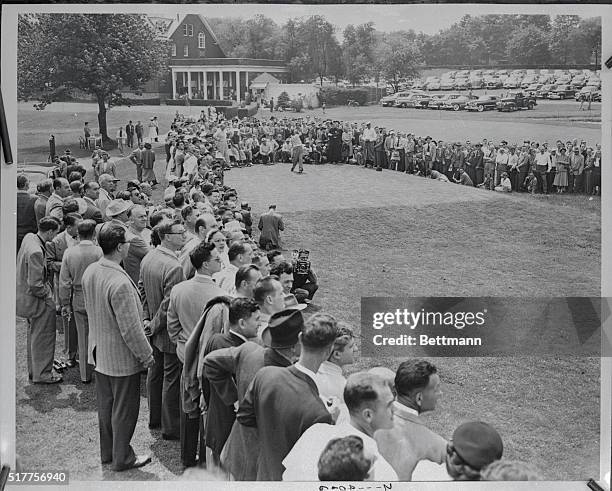 Defending champion Herman Barron of the Fenway Club is shown driving from first tee at Wykagyl Country Club here, in the pursuit of a repeat Goodall...