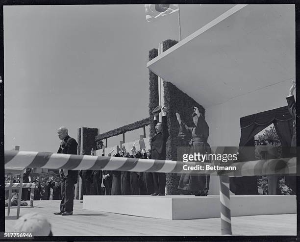 Emperor and Spouse Lead Cheering. Tokyo, Japan: Emperor Hirohito and Empress Nagako of Japan lead "three cheers" which climaxed ceremony marking...