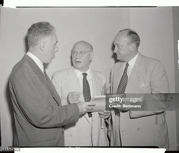 From left , Ford Frick, President of the National League; Chairman Emanuel Celler, NY, of the House Monopoly Subcommittee probing the right of...