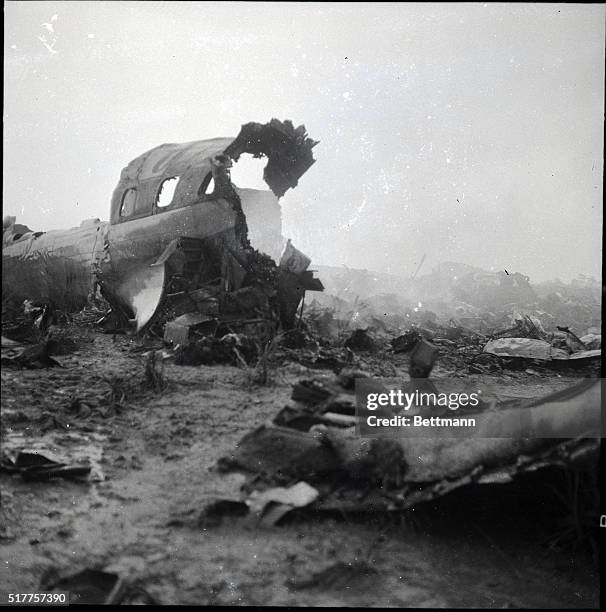 Rio De Janeiro, Brazil- This close-up view shows some of the shattered wreckage of the Lufthansa Super-G Constellation plane that crashed and burned...