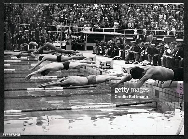 The final of the men's free style 400 meters swimming race, at the Olympic pool today, was won by J. Boiteux of France, with F. Konno, of the U.S.A.,...