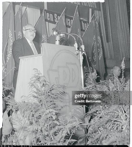 West German Social Democratic Party leader Erich Ollenhauer urges citizens to vote in the West Berlin city parliament elections at a rally in the...