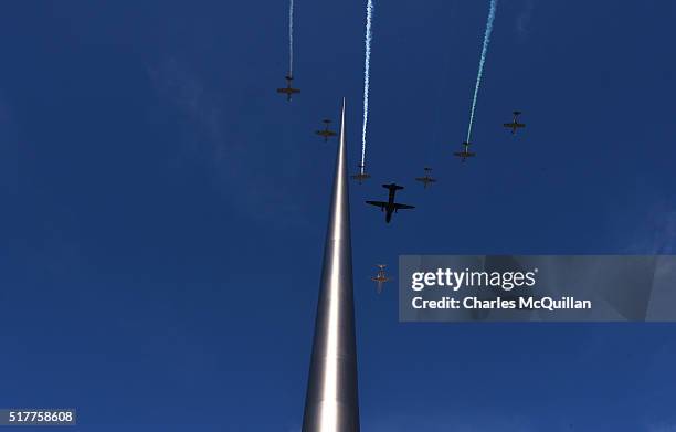 The flypast takes place over the monument of light during the 1916 Easter Rising commemoration parade marking the 100th anniversary at the General...