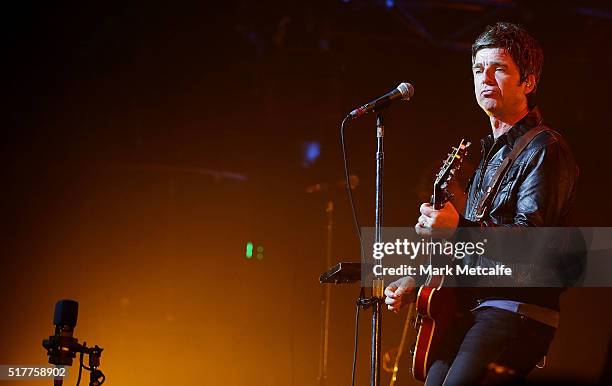 Noel Gallagher of Noel Gallagher's High Flying Birds performs live for fans at the 2016 Byron Bay Bluesfest on March 27, 2016 in Byron Bay, Australia.