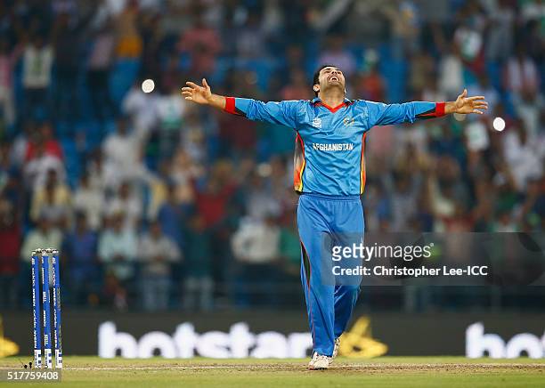 Mohammad Nabi of Afghanistan celebrates their victory during the ICC World Twenty20 India 2016 Group 1 match between Afghanistan and West Indies at...