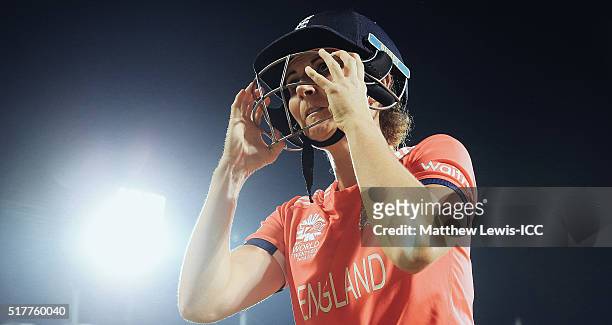 Charlotte Edwards, Captain of England looks on, as she prepares to go out to bat during the Women's ICC World Twenty20 India 2016 match between...
