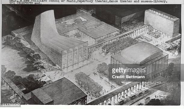 Architects drawing of Lincoln Center shows the Theatre for the Dance, in lower left. Clockwise from this are a city park, the new Metropolitan Opera...