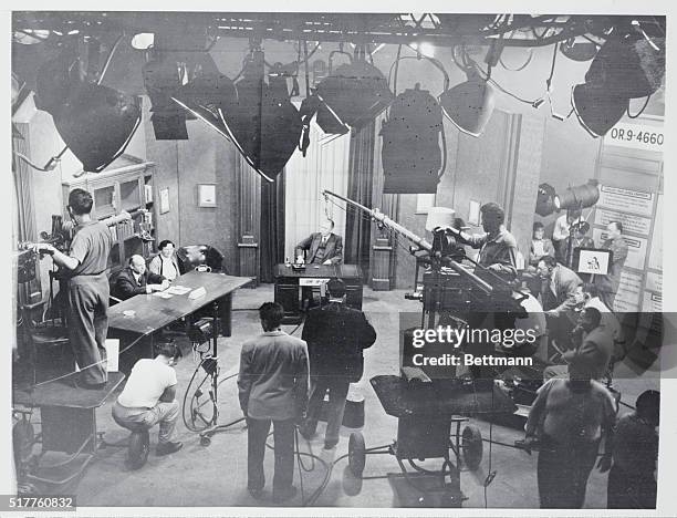 Sen. Irving M. Ives opened his 18 hour radio and television marathon in a final pre-election bid for the governorship of the Empire State. Seated...