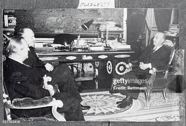 Harold Stassen, director of the U.S. Foreign Operations Agency, is shown as he conferred with General Francisco Franco, Spanish Chief of State, at...