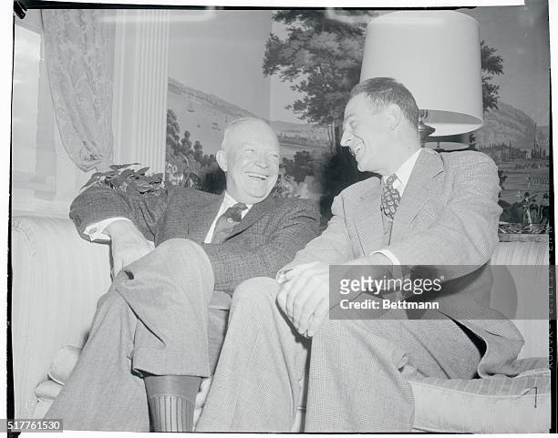 Clifford P. Case, Republican candidate for the Senate in New Jersey, is shown chatting with President Eisenhower during a visit to the President's...
