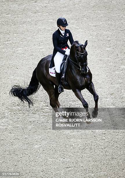 Anna Kasprzak of Denmark rides her horse Donnperignon during the Reem Acra FEI World Cup Dressage Final II event during the Gothenburg Horse Show at...