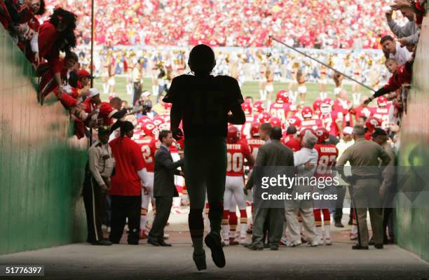 Second String Back-up Quarterback Todd Collins of the Kansas City Chiefs walks out of the tunnel to join teammates onto the field prior to the game...