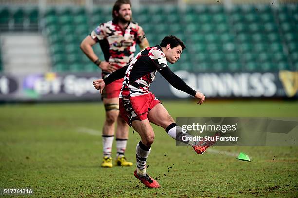 Edinburgh kicker Sam Hidalgo-Clyne kicks a penalty during the Guinness Pro 12 match between Newport Gwent Dragons and Edinburgh Rugby at Rodney...