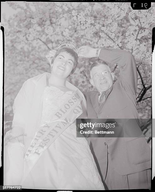 Barbara Lyman, attractive high school senior, is crowned Cherry Blossom Queen of 1956 by Secretary of the Interior Douglas McKay. The coronation was...