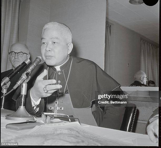 Ngo Dinh Thuc, Roman Catholic Archbishop of Hue in Vietnam, and brother of Vietnamese President Ngo Dinh Diem, shown at a press conference here 1/8....