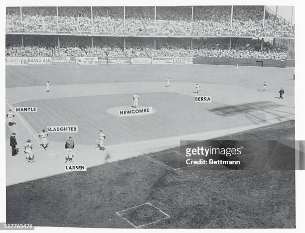 Here's a view of the diamond at Ebbet's Field after Yankee catcher Yogi Berra hit one over the wall with the bases loaded in the second inning of the...