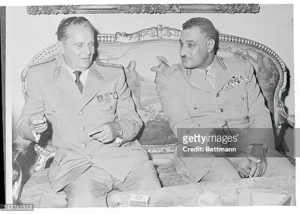 Belgrade; Yugoslavia: Marshal Tito, , President of Communist Yugoslavia confers with his guest, Egyptian president Gamal Abdel Nasser, at Tito's...