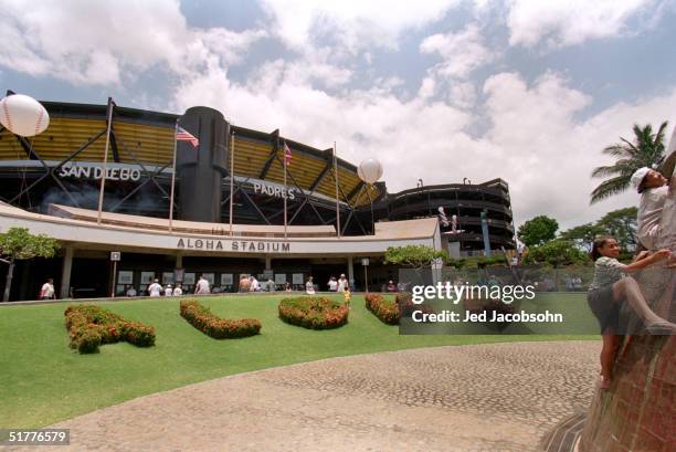 General view of the front entrance of Aloha Stadium as children play during an MLB game between the St. Louis Cardinals and the San Diego Padres at...