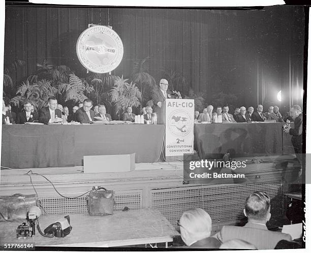 George Meany, President of the AFL-CIO is shown in his keynote speech to 1,200 delegates at the Annual Convention in Atlantic City. Meany declared...