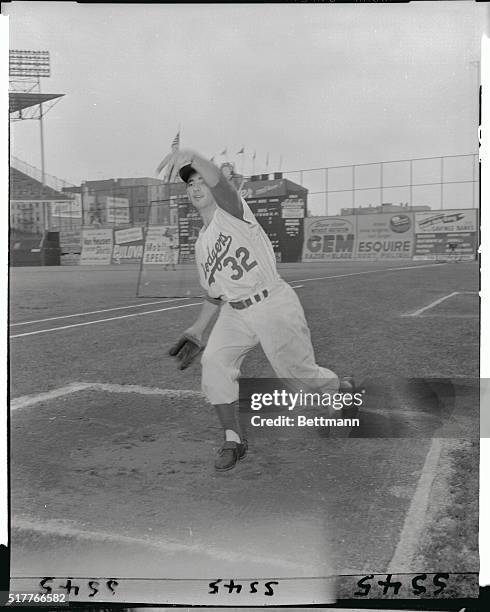 Full length shot of Koufax pitching at Ebbets Field.