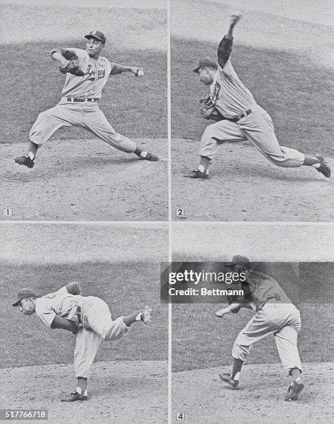This sequence shows the pitching form of Johnny Podres, the Sterling Southpaw, who went the route and hurried the Brookly Dodgers to a 2-0 victory...